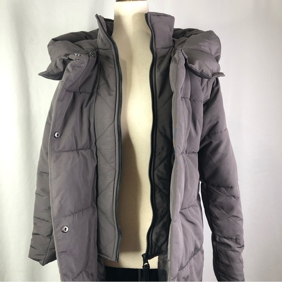 French Connection puffer coat long matte grey hood zip and snaps XS - Picture 3 of 12